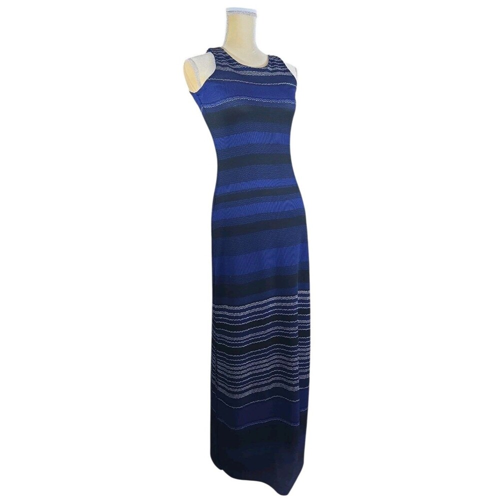 AND Maxi Dress S Blue Black Knit Striped Sleeveless Keyhole Double Side Split